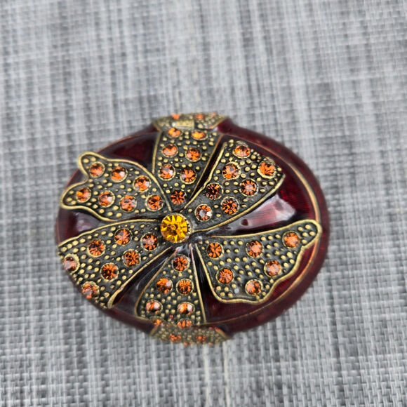 Red Vintage Amber Jeweled Oval Trinket Box Bow  Magnetic Closure - Picture 2 of 11